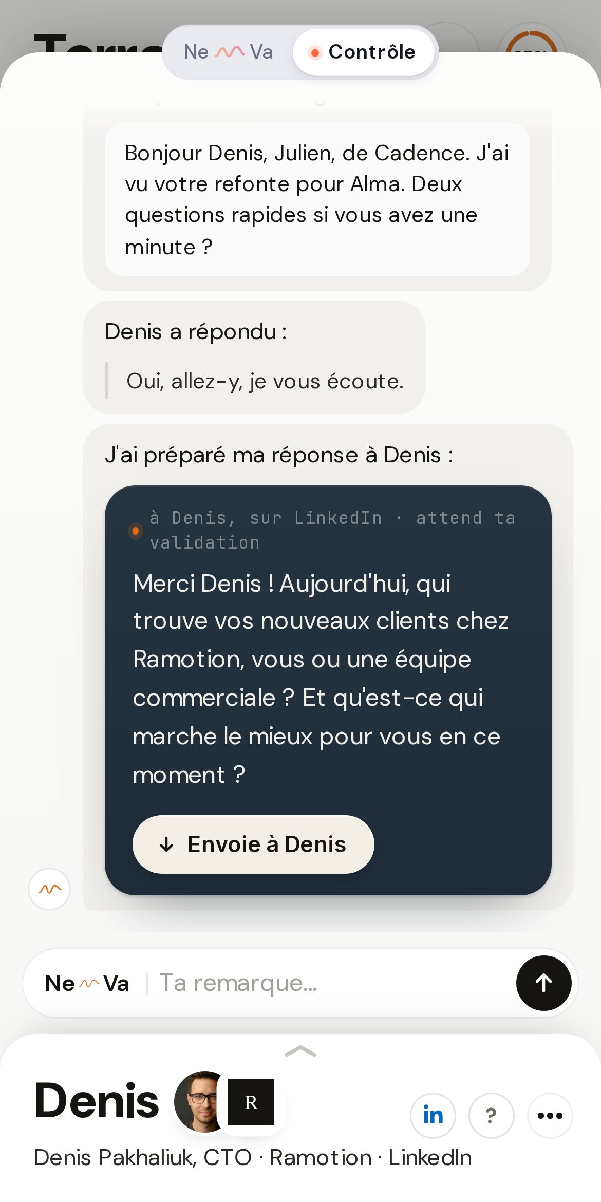 La réponse prête pour Denis, et le bouton Envoie à Denis