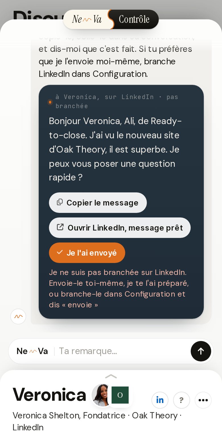 Discussions : le message à Veronica est prêt, avec Copier le message, Ouvrir la conversation et Je l'ai envoyé