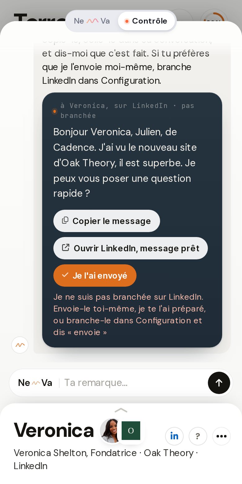 Discussions : le message à Veronica est prêt, avec Copier le message, Ouvrir la conversation et Je l'ai envoyé